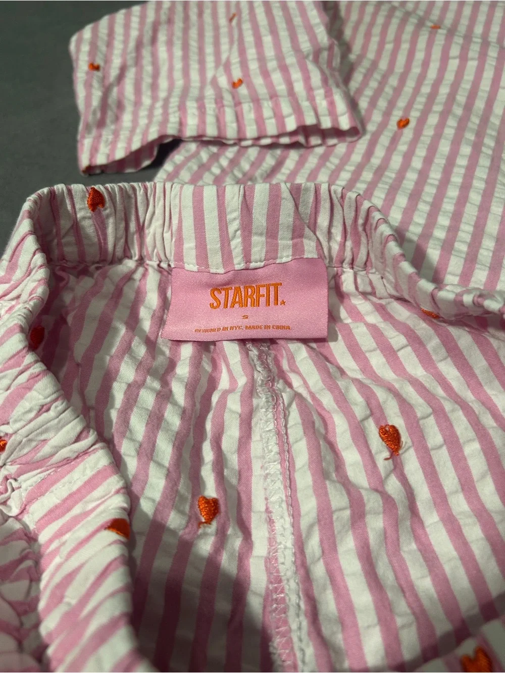 Pink Striped Kids Pajama Set with Tiny Red Hearts pink white